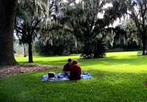 A young man and woman relax on a sunny afternoon at a picnic in a green grassy field surrounded by trees on a fall day. 