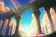 Cartoon-like illustration of heavenly pillars