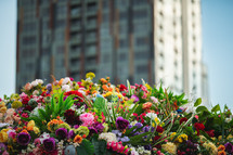 Colorful flowers and buildings on the background