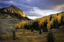 The fall colors are golden as the sun sets on Mt Crested Butte in southern Colorado