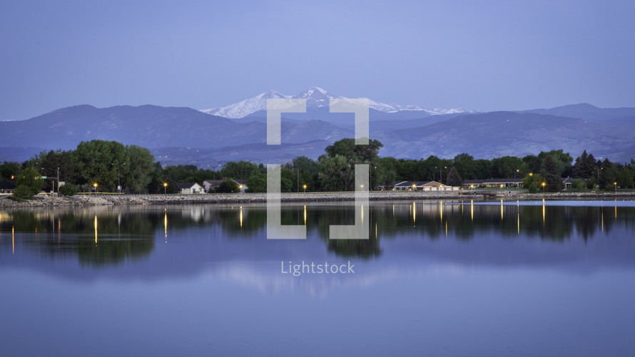 snow capped mountain peaks and lake view 