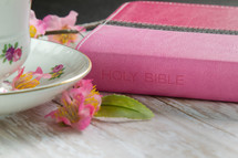 Pink Bible and floral coffee cup 