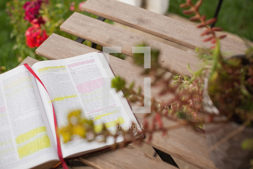Bible on a wood table outdoors 