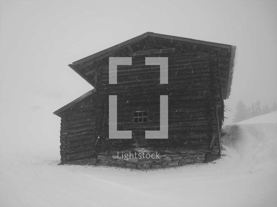 abandoned little cabin in the snow, 
