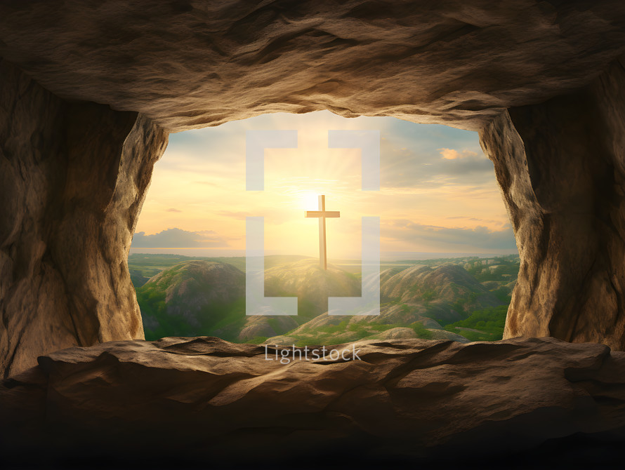 The Cross of Christ Seen from Inside a Cave at Sunrise