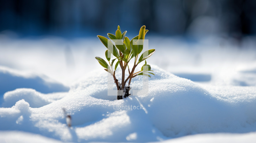 New green plant coming up through the snow. 