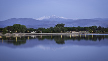 snow capped mountain peaks and lake view 