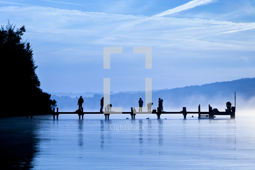 blue sky, sunset, water, lake, dock, silhouettes, people, outdoors, mist, sunrise, steam, fishing 