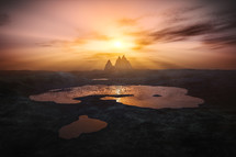A beautiful sunset over spiky mountains 3D illustration