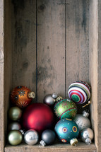 Christmas ornaments in a wooden Crate 