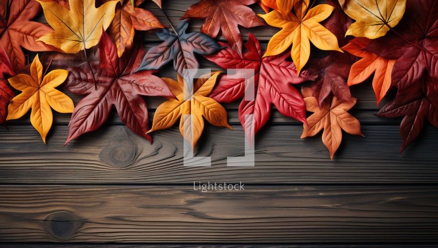 Autumn leaves on wooden background, top view with copy space.