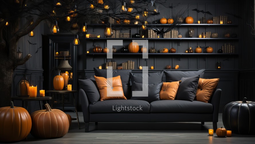Black sofa with orange pillows in halloween interior