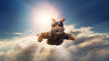 A cute rabbit flying through the clouds with pilot goggles.