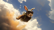A cute rabbit bursting through the clouds with pilot goggles.