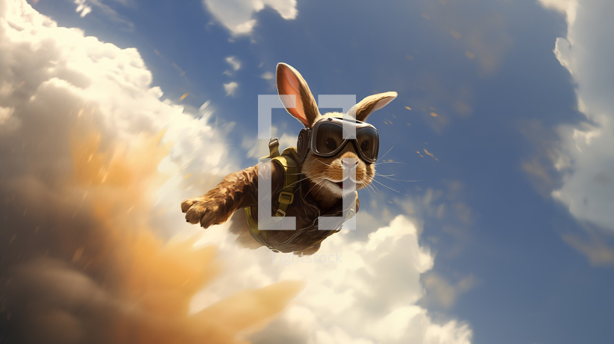 A cute rabbit bursting through the clouds with pilot goggles.