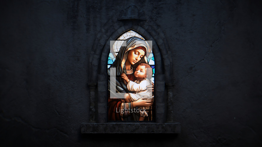 Wide shot of a beautiful, dimly back-lit stained glass window of Mary and Jesus with snow just starting to fall. Stained glass was generated with AI and composited into a 3D CGI scene.