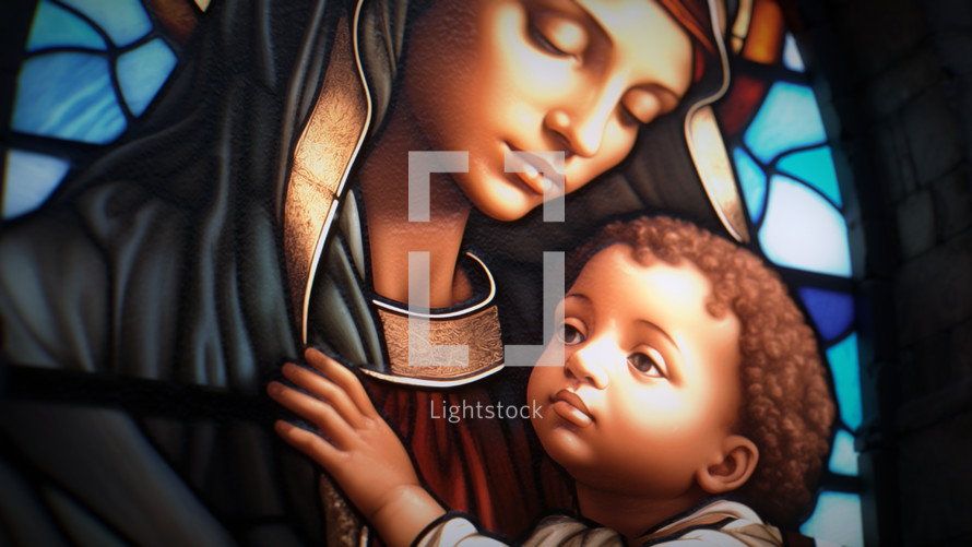 Close shot of a beautiful, dimly back-lit stained glass window of Mary and Jesus with snow just starting to fall. Stained glass was generated with AI and composited into a 3D CGI scene.