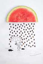 Abstract Watermelon Slice With Seeds Raining on Drawing with a Girl Holds a Umbrella
