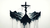 Crucifixion on Calvary in Black and White Ink