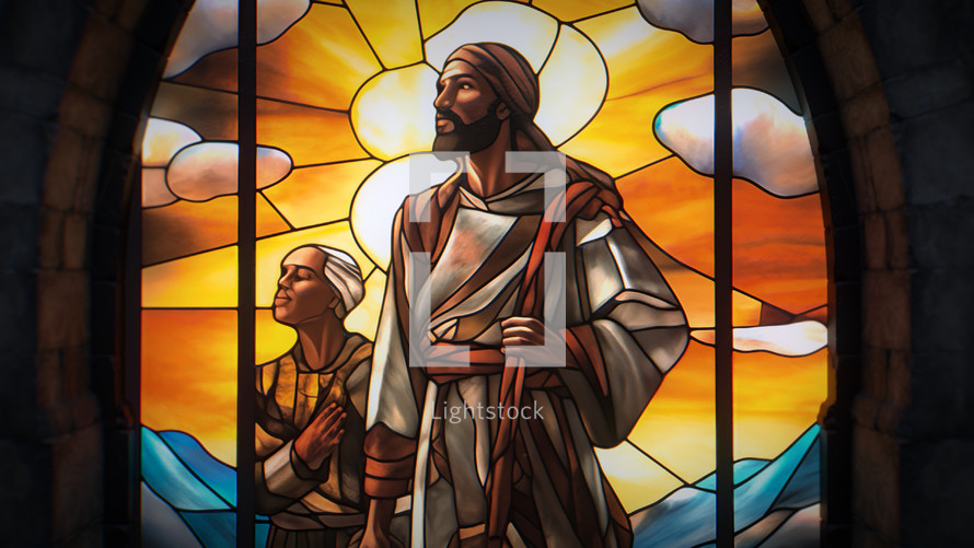 Close shot of a beautiful, dimly back-lit stained glass window of Nativity Shepherds with snow just starting to fall. Stained glass was generated with AI and composited into a 3D CGI scene.