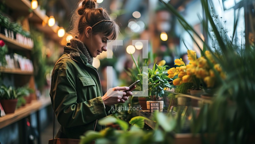 Portrait of young female florist using mobile phone in flower shop