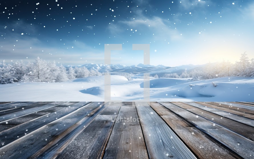 Winter landscape with wooden planks and snowfall. Christmas background.