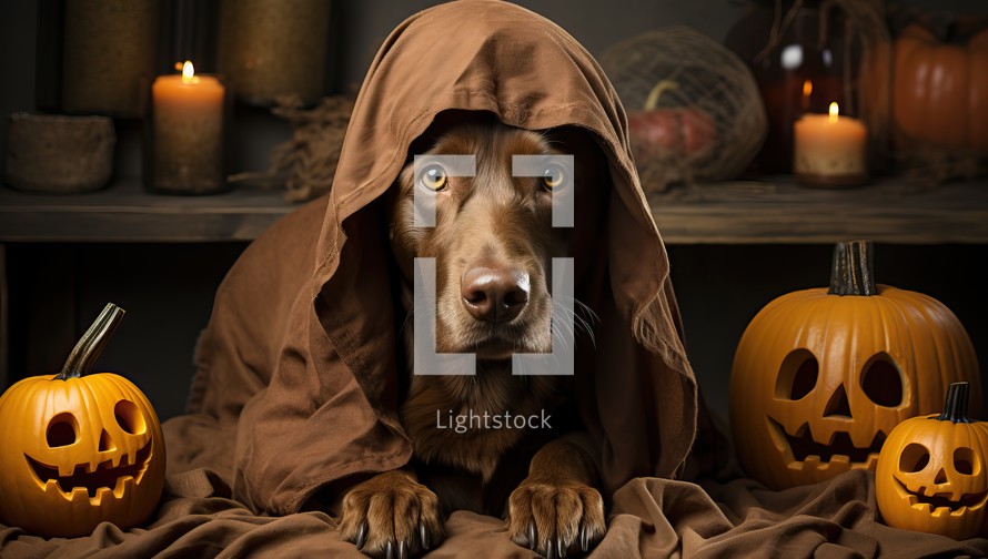 Cute dog in blanket with Halloween pumpkins on dark background, closeup