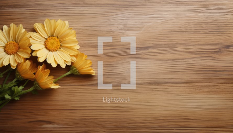 Yellow chrysanthemum flowers on wooden background with copy space