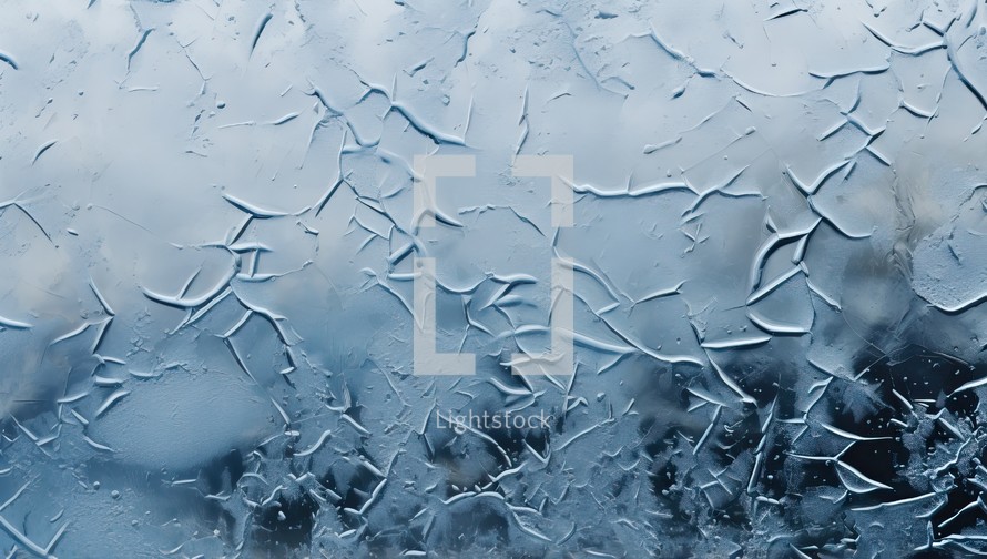 Close-up view of frozen window glass. Abstract winter background.