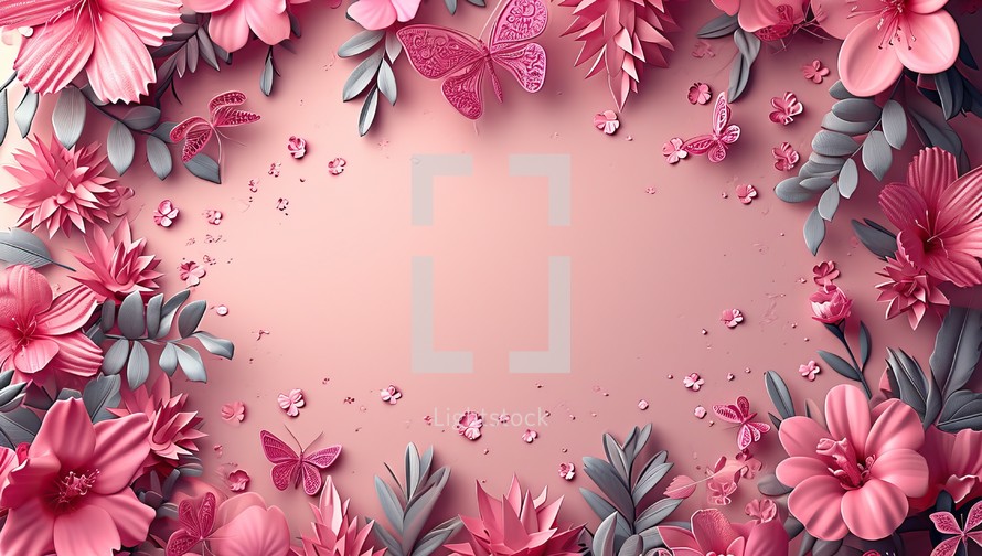 Floral summer background with pink flowers and butterflies
