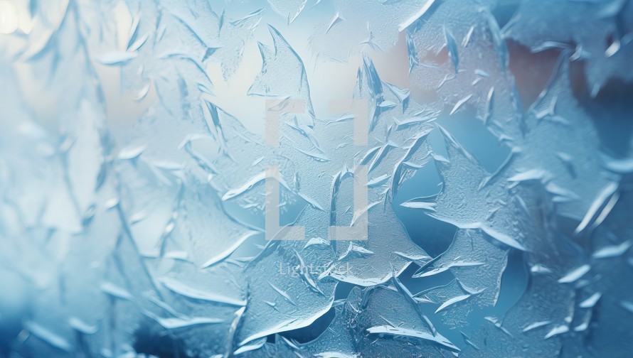 Frosty natural pattern on winter window. Abstract blue background.
