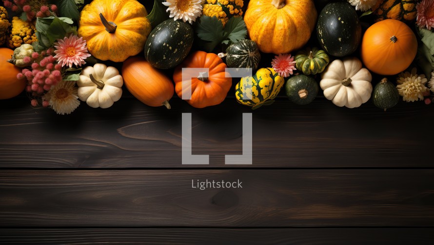 Autumn background with pumpkins and flowers on wooden table, top view