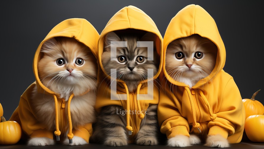 Group of cute kittens in yellow raincoats. Halloween concept.