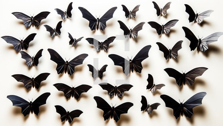 Black paper bats isolated on white background. Top view. Flat lay.