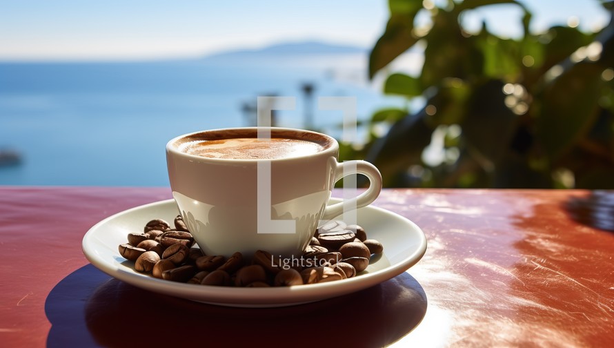 Coffee cup with coffee beans on the table and sea background