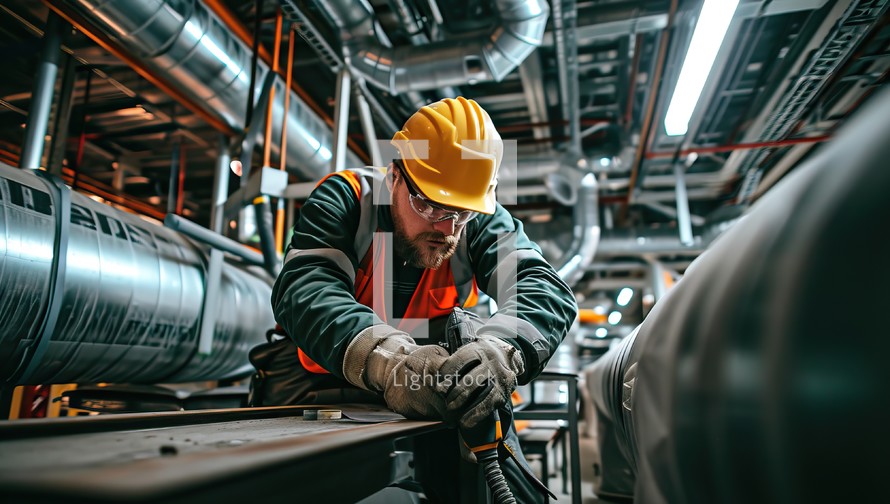  Worker in safety gear inspecting machinery in an industrial setting