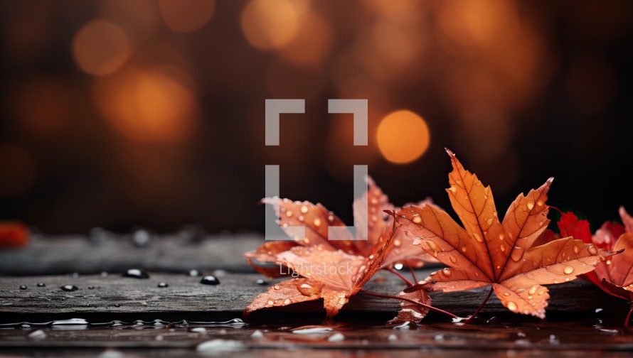 Autumn maple leaves with water drops and bokeh background.