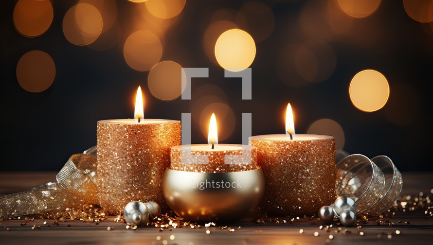 Burning candles on wooden table against blurred festive lights, closeup