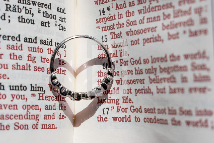 wedding ring between the pages of a Bible 