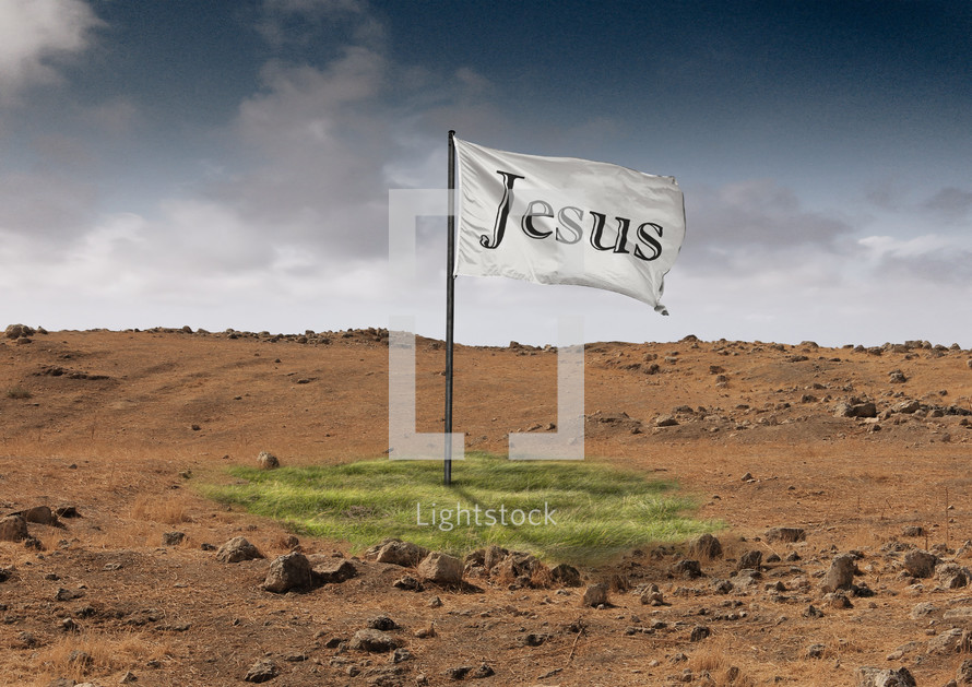 white flag with word Jesus 