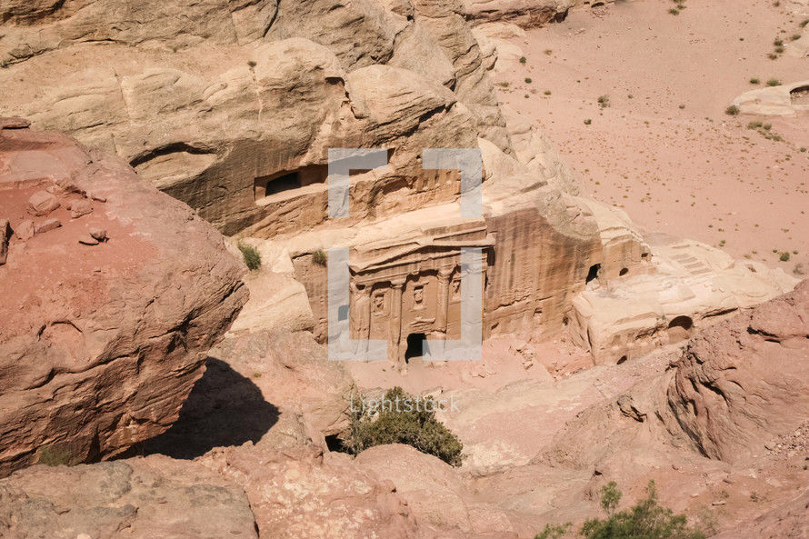 View of the Roman Soldier Tomb from above in Petra.