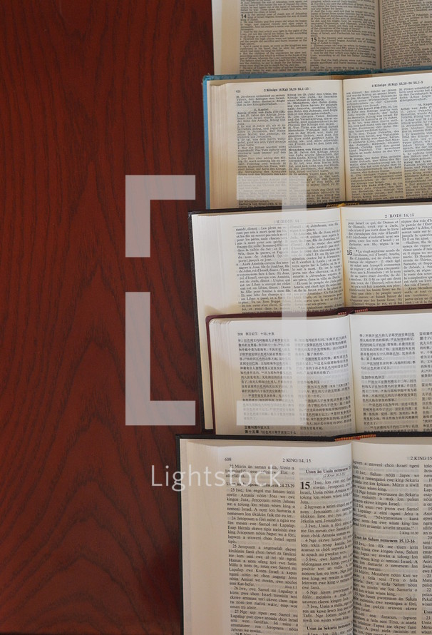 Bibles in different languages lying open on a table. 
