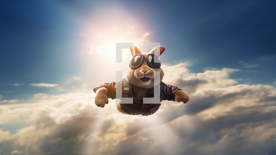 A cute rabbit flying through the clouds with pilot goggles.