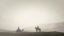 Arabian Warriors in an Arabian Desert Riding Camel and Horse