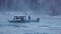 Fishing Boat Foggy Morning Winter River Fisherman Snow