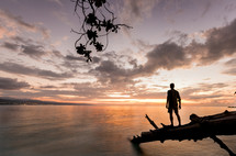 silhouette of a man standing by a shore 