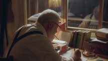 Older man with white hair and beard sitting at cluttered desk, smoking a cigarette, taking notes and using red typewriter surrounded by papers and books in warmly lit study
