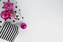 ornaments, pink, black and white, polka dots, wrapping paper, gift, present, Christmas 