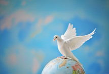 AI Generated Image. White Peace dove with outstretched wings on an Earth planet globe