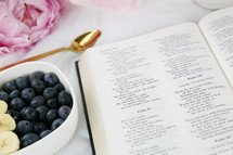 open Bible and bowl of fruit 